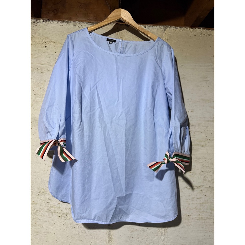 Coastal Talbots Woman Light Blue Cotton Poplin Blouse Striped Ribbon Tie Cuff 1X
